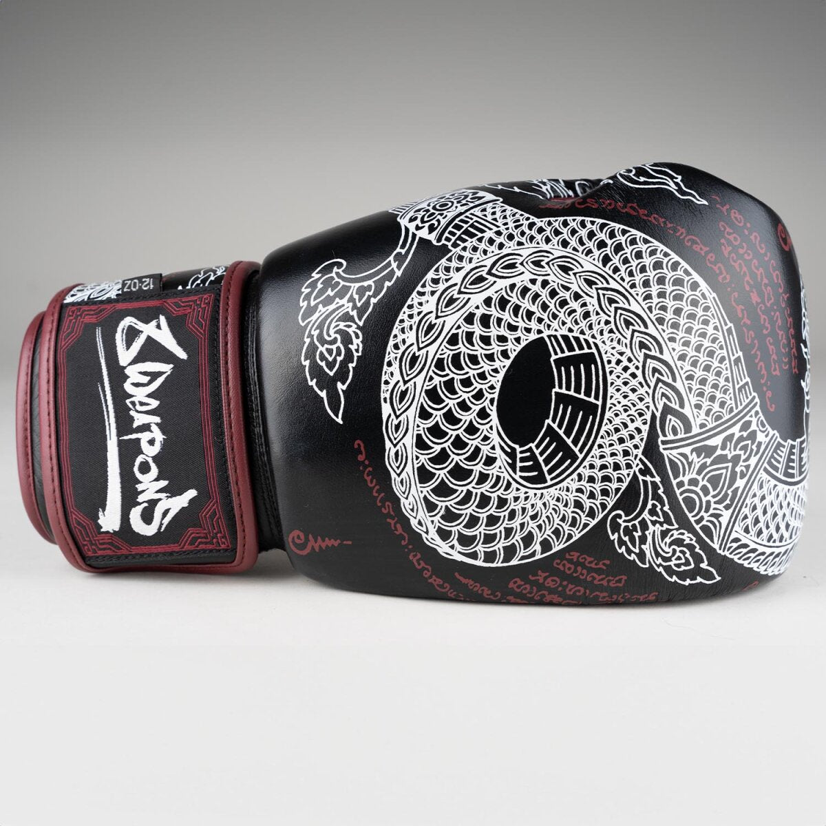 8 WEAPONS Boxing Gloves, Sak Yant Naga, black-maroon
