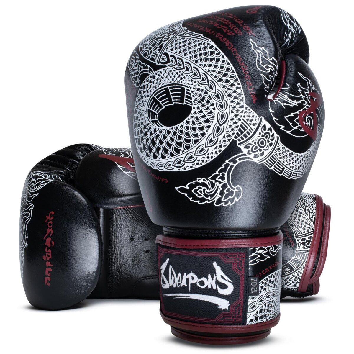 8 WEAPONS Boxing Gloves, Sak Yant Naga, black-maroon