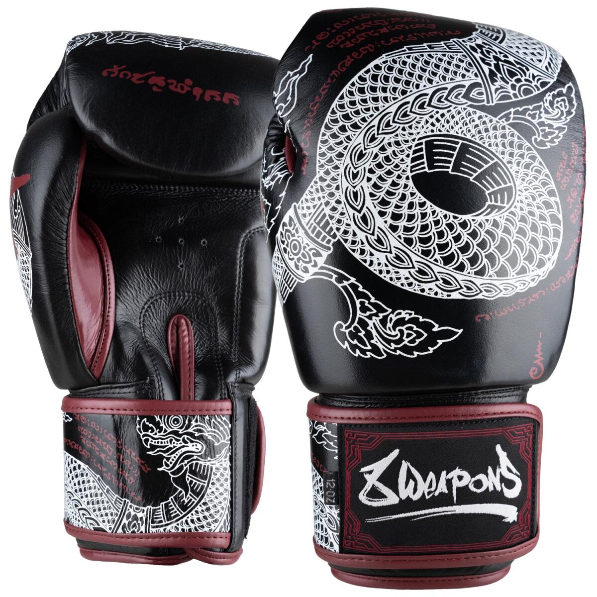 8 WEAPONS Boxing Gloves, Sak Yant Naga, black-maroon