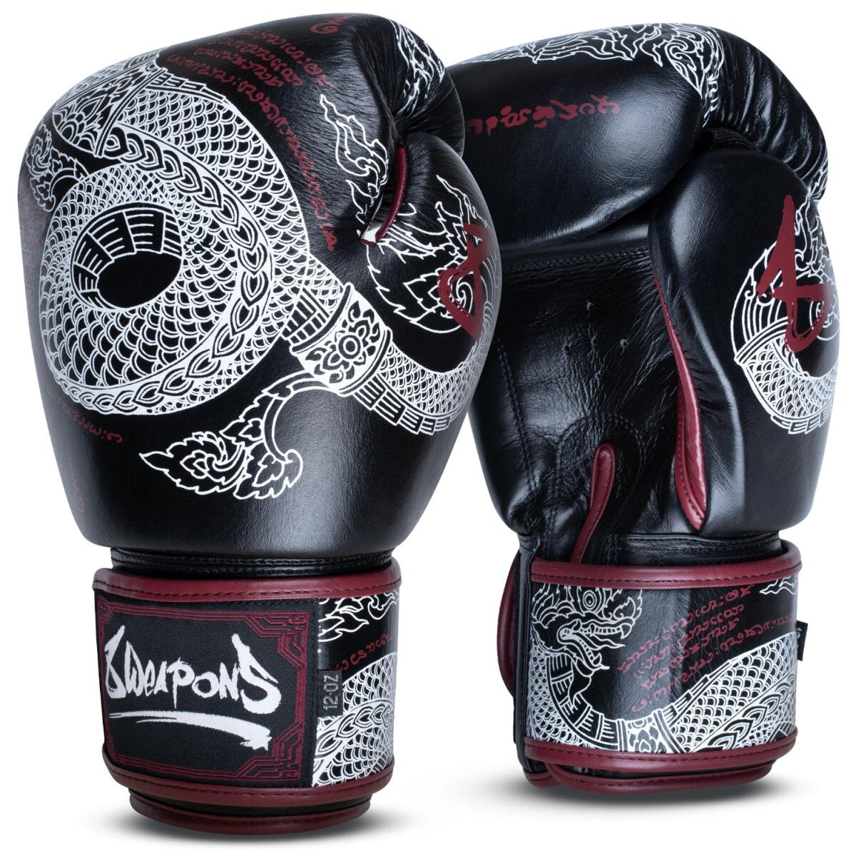 8 WEAPONS Boxing Gloves, Sak Yant Naga, black-maroon