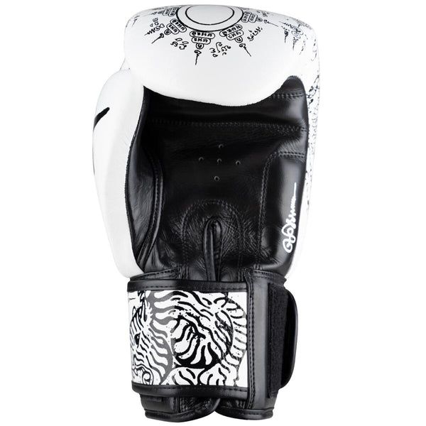 8 WEAPONS Boxing Gloves, Sak Yant Tigers, white-black