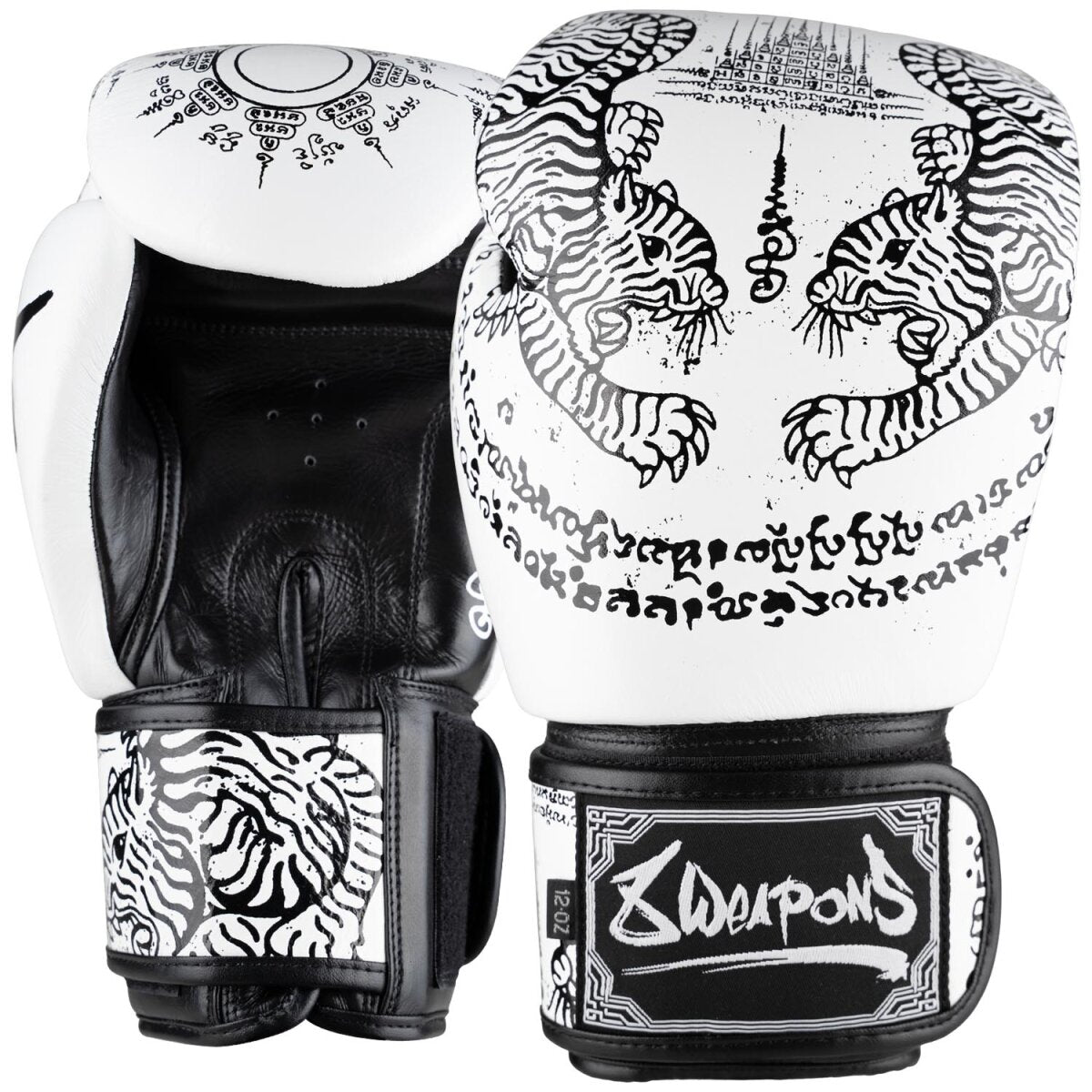 8 WEAPONS Boxing Gloves, Sak Yant Tigers, white-black