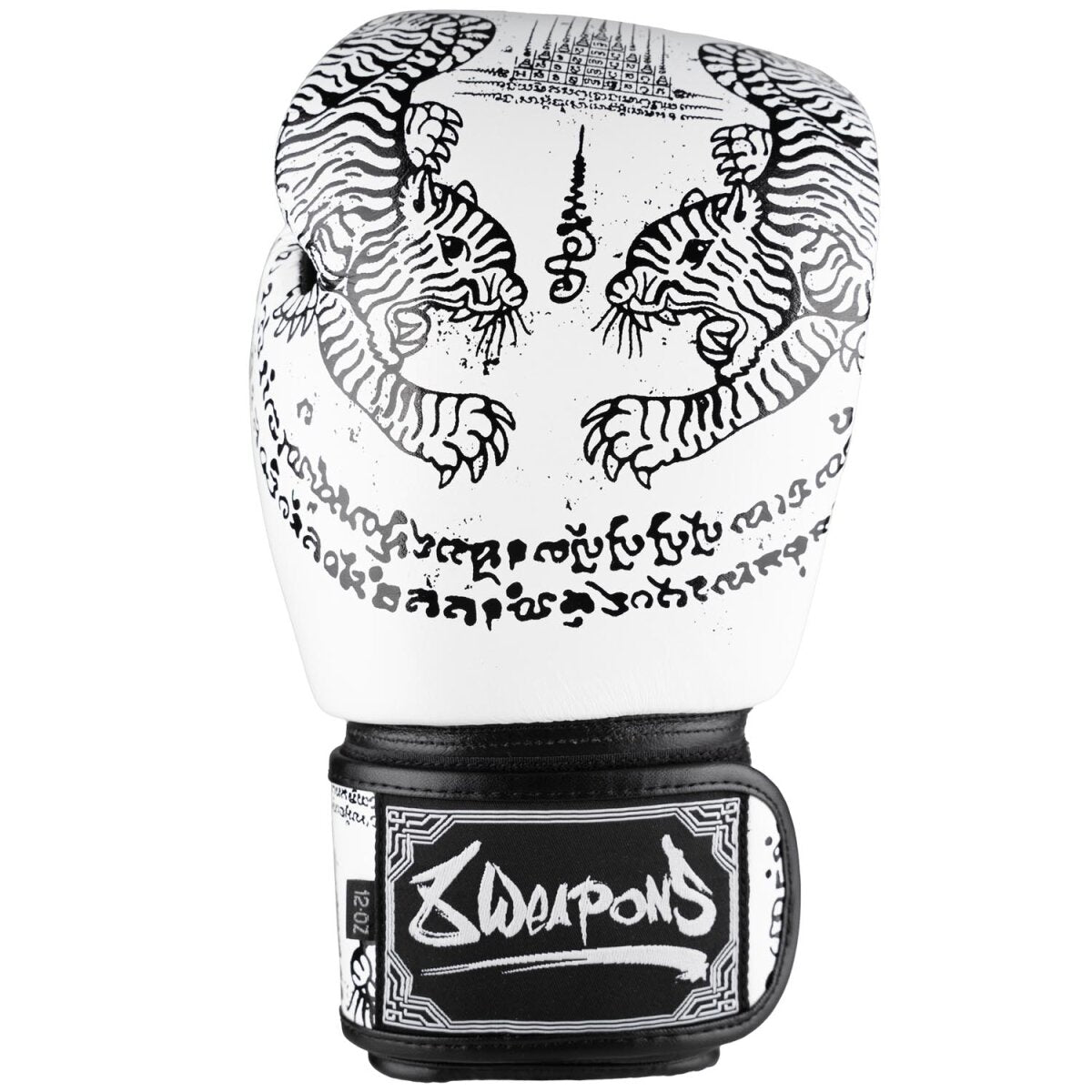 8 WEAPONS Boxing Gloves, Sak Yant Tigers, white-black