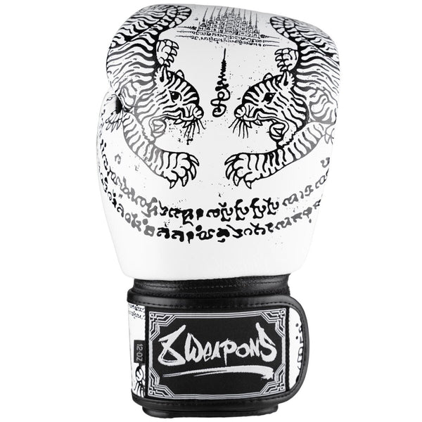 8 WEAPONS Boxing Gloves, Sak Yant Tigers, white-black