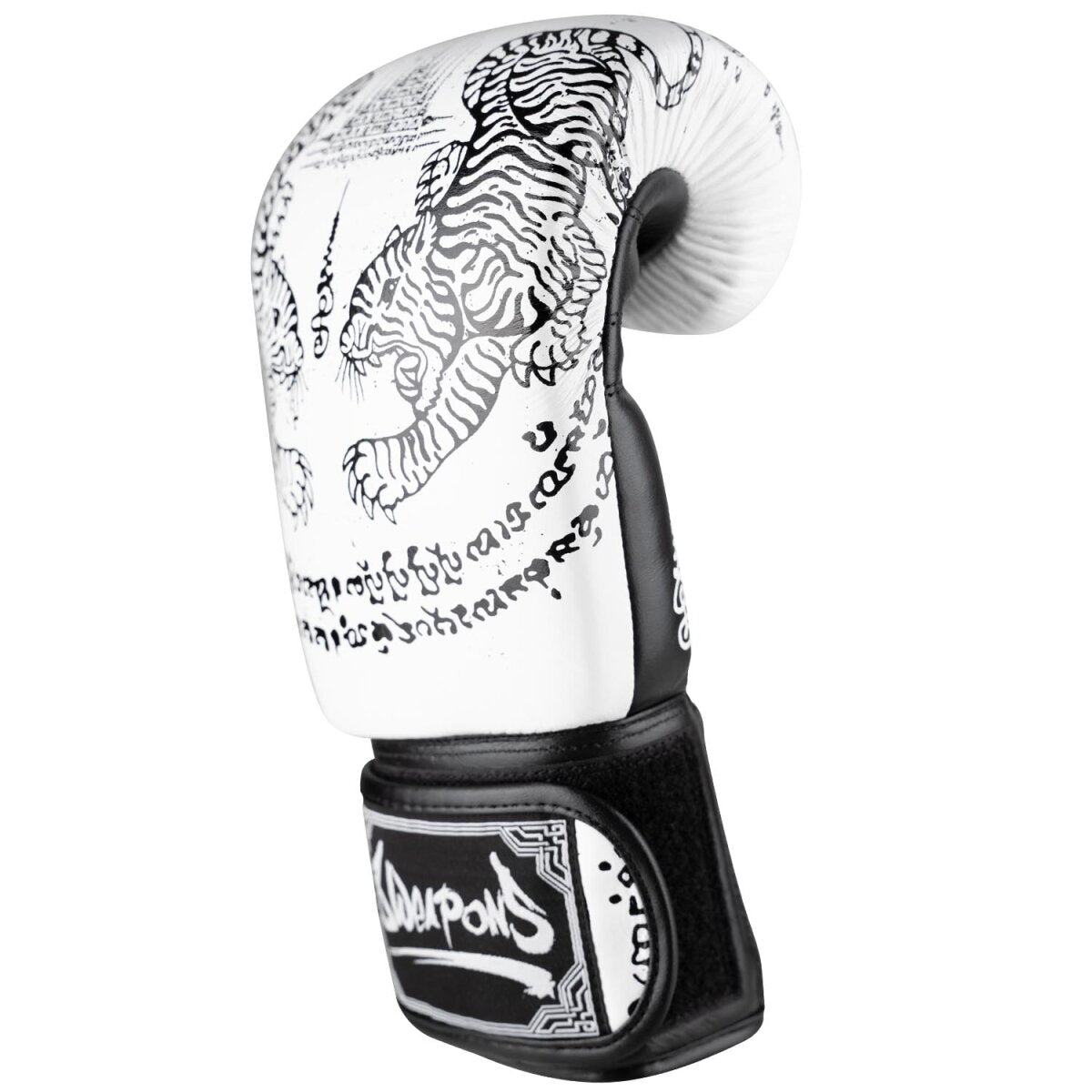 8 WEAPONS Boxing Gloves, Sak Yant Tigers, white-black