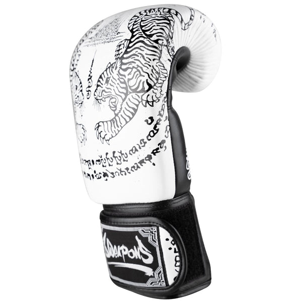 8 WEAPONS Boxing Gloves, Sak Yant Tigers, white-black