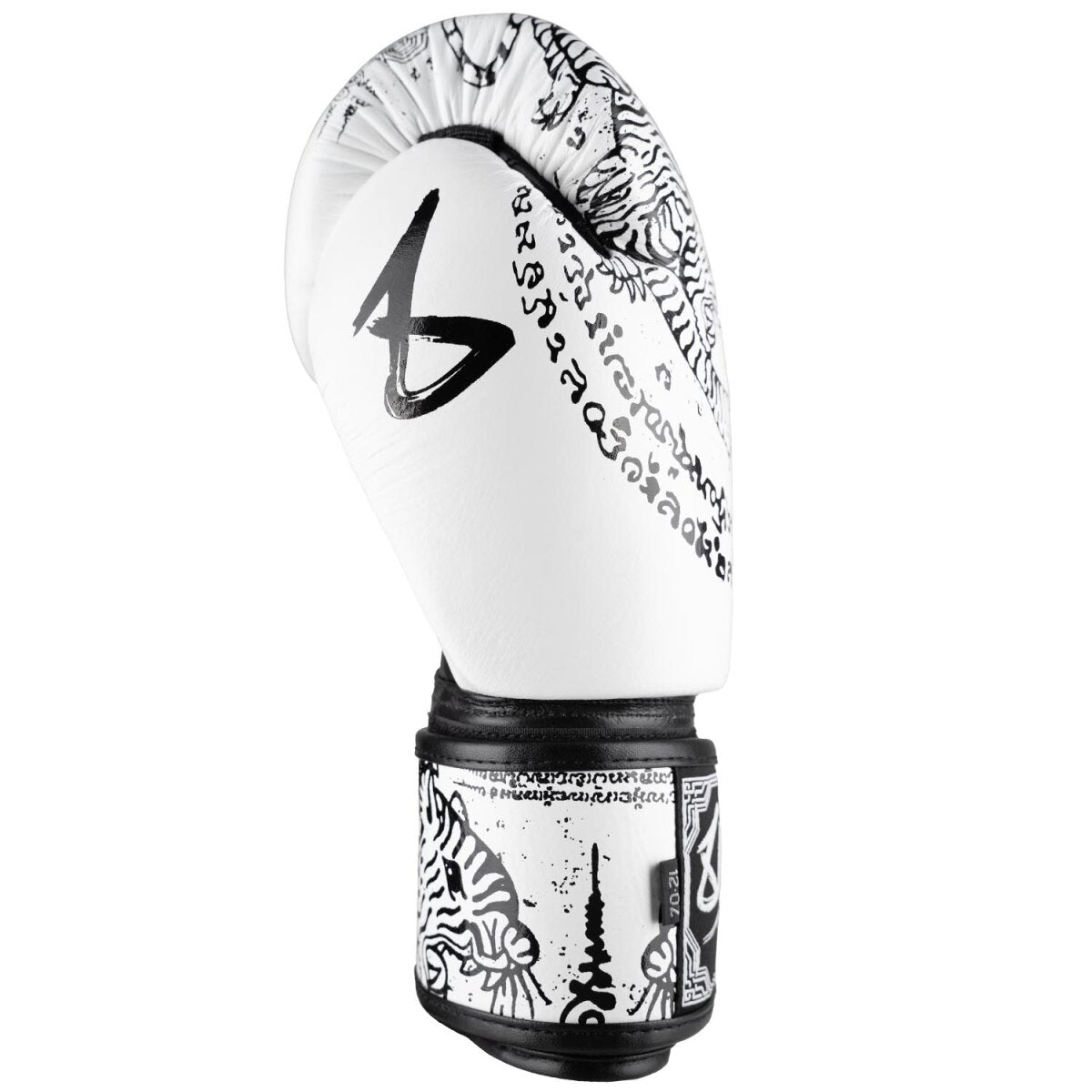 8 WEAPONS Boxing Gloves, Sak Yant Tigers, white-black
