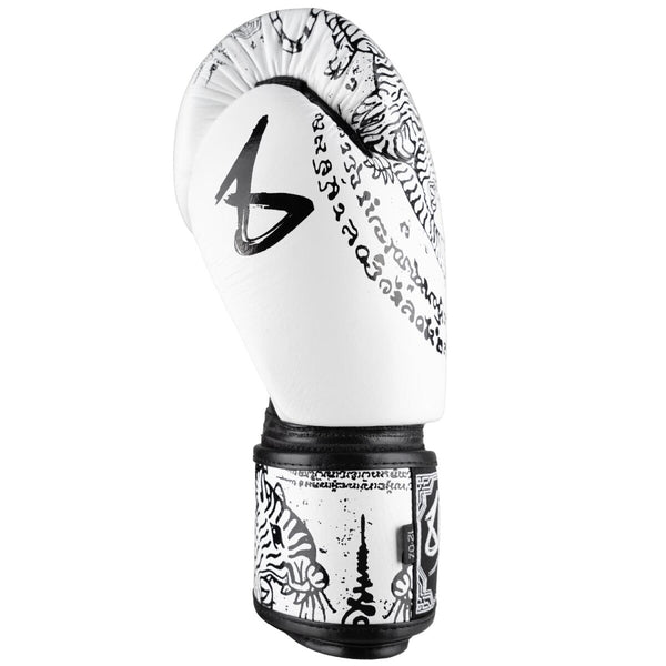 8 WEAPONS Boxing Gloves, Sak Yant Tigers, white-black