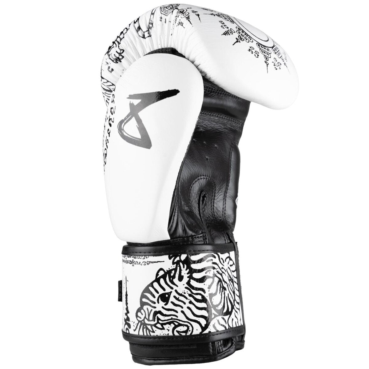8 WEAPONS Boxing Gloves, Sak Yant Tigers, white-black