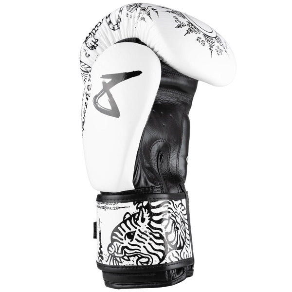 8 WEAPONS Boxing Gloves, Sak Yant Tigers, white-black