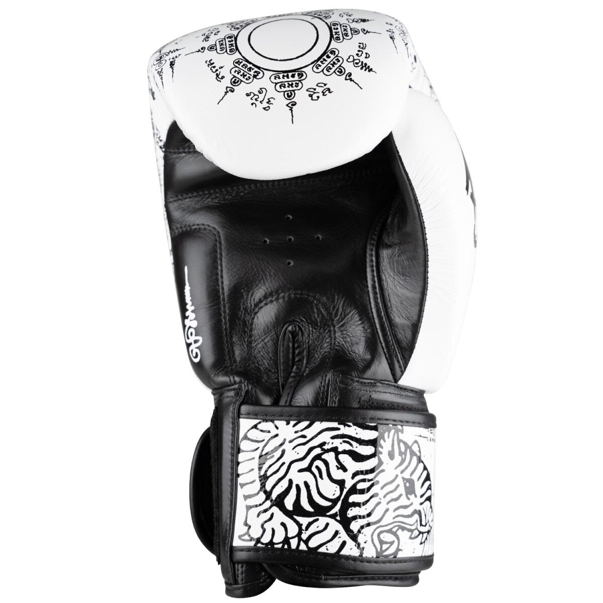 8 WEAPONS Boxing Gloves, Sak Yant Tigers, white-black