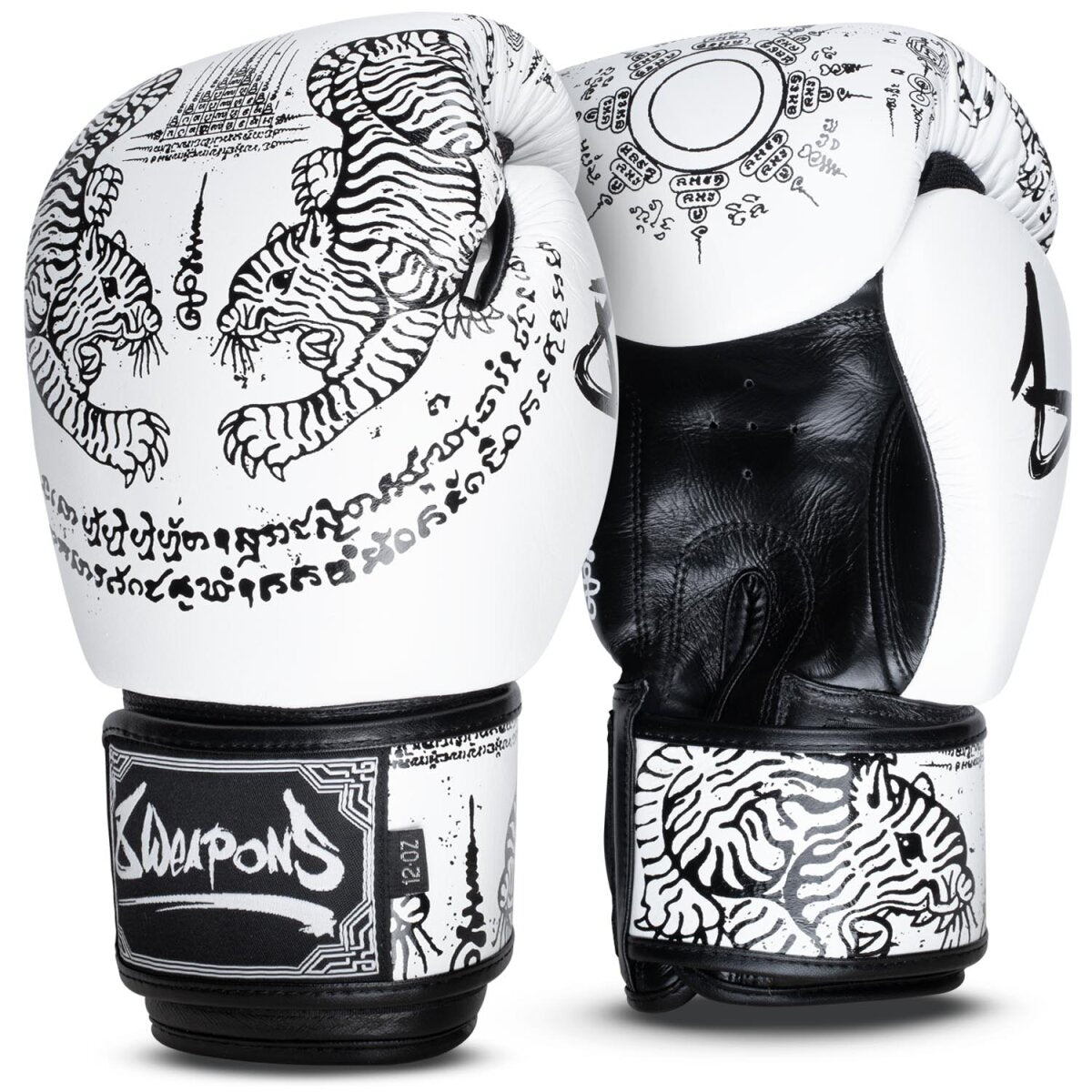 8 WEAPONS Boxing Gloves, Sak Yant Tigers, white-black