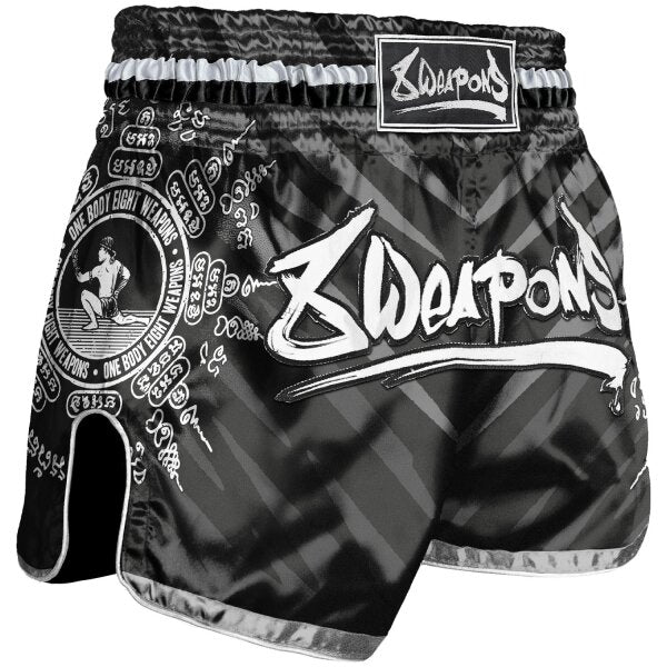 8 WEAPONS Muay Thai Shorts, 8 Ways Yant, black-silver