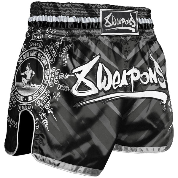 8 WEAPONS Muay Thai Shorts, 8 Ways Yant, black-silver