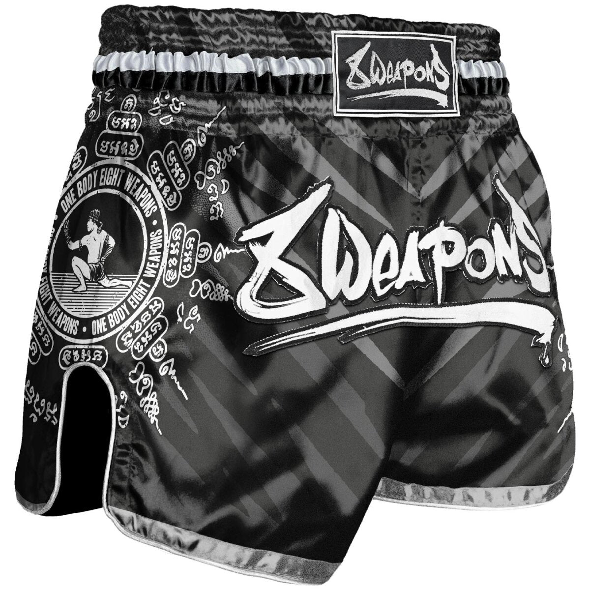 8 WEAPONS Muay Thai Shorts, 8 Ways Yant, black-silver
