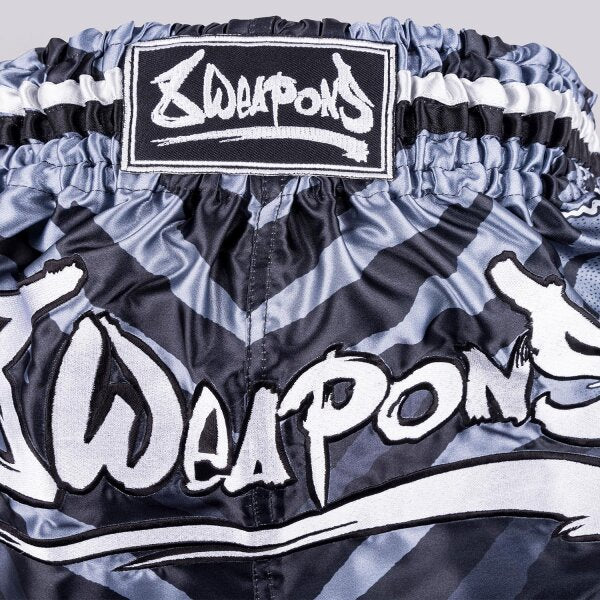 8 WEAPONS Muay Thai Shorts, 8 Ways Yant, black-silver