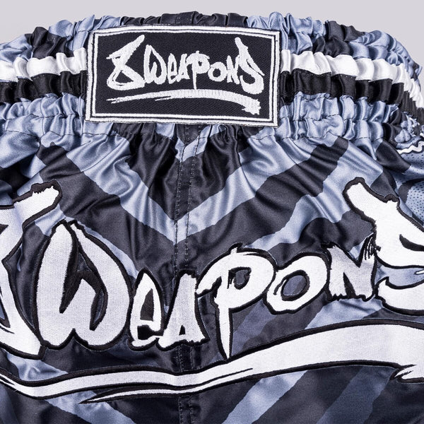 8 WEAPONS Muay Thai Shorts, 8 Ways Yant, black-silver