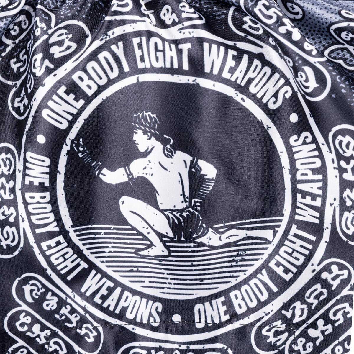 8 WEAPONS Muay Thai Shorts, 8 Ways Yant, black-silver