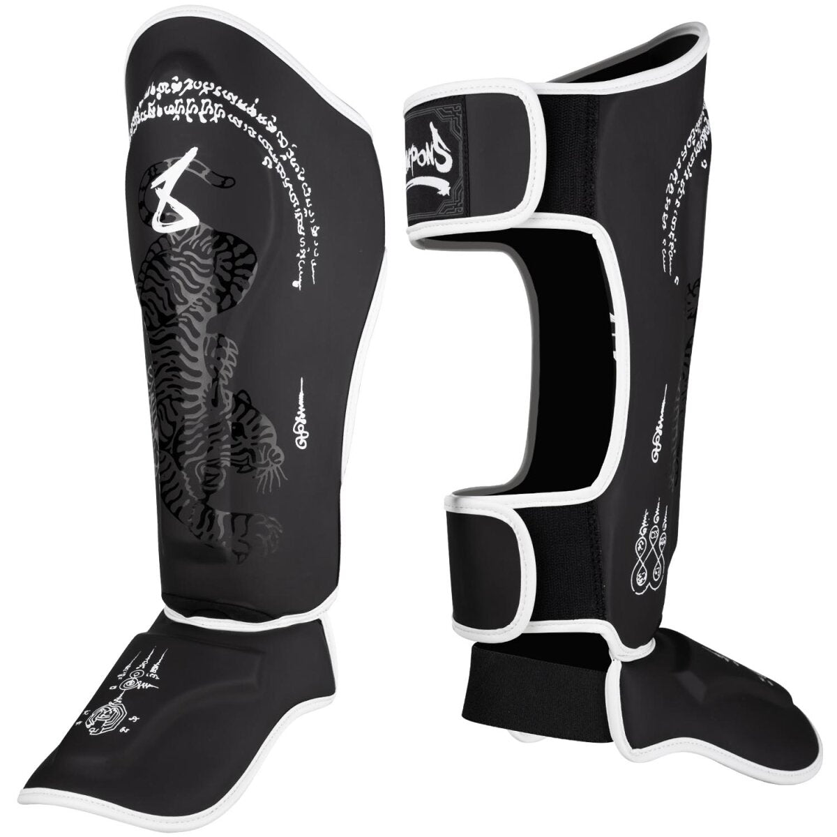 8 WEAPONS Shin Guards, Sak Yant Big Tiger, black-black