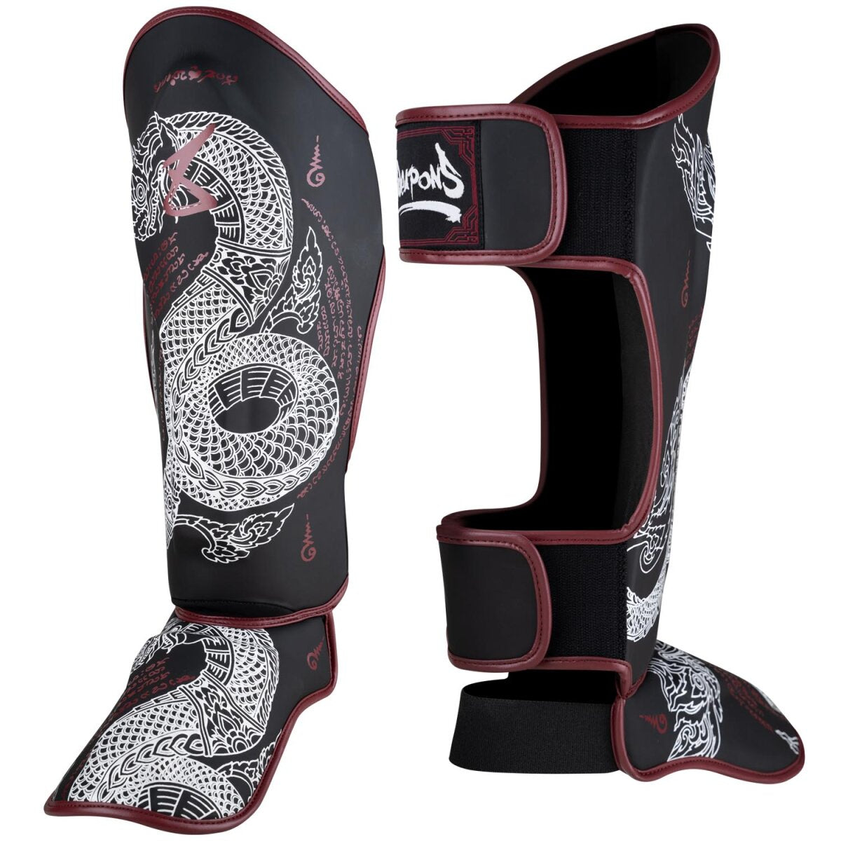 8 WEAPONS Shin Guards, Sak Yant Naga, black-maroon
