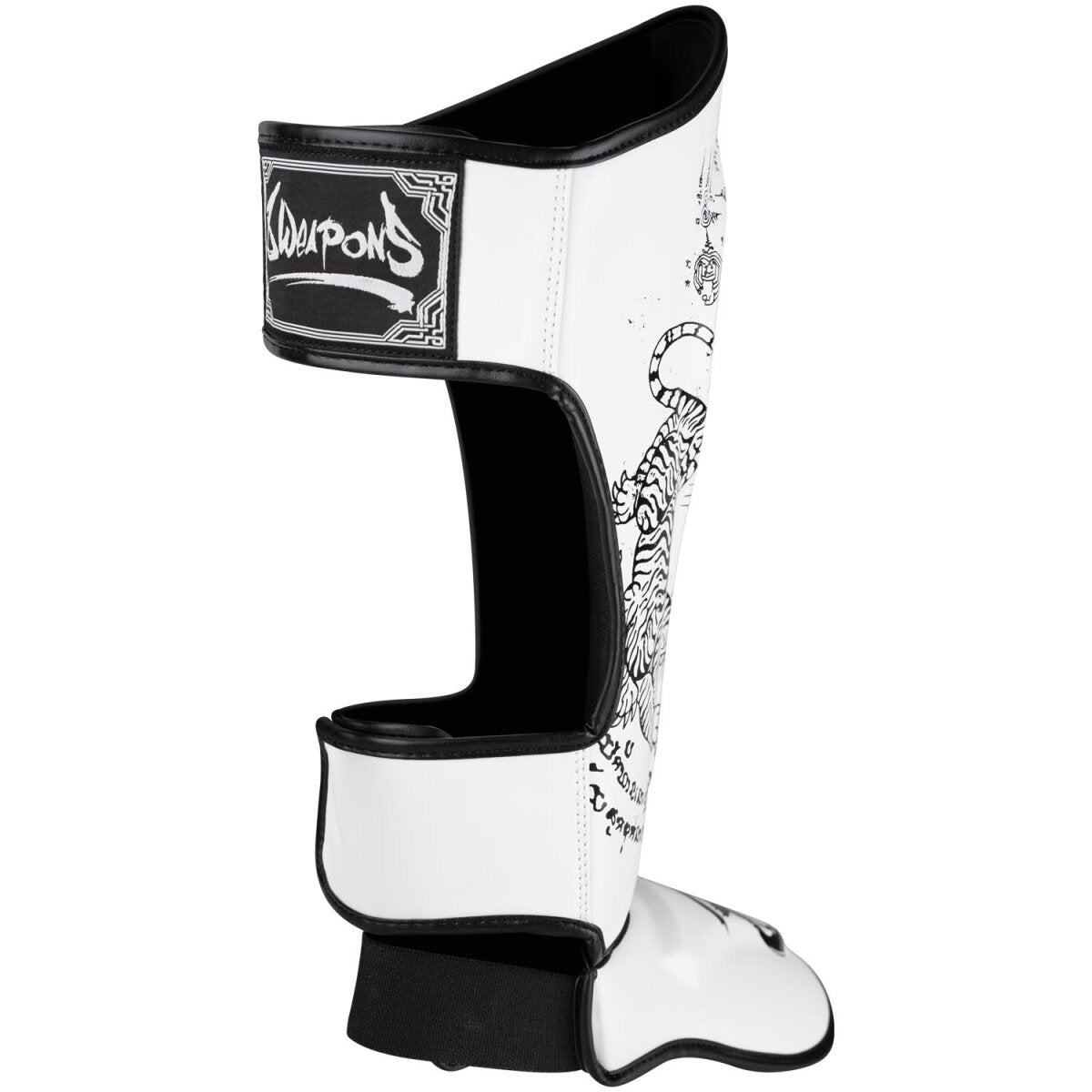 8 WEAPONS Shin Guards, Sak Yant Tigers, white-black