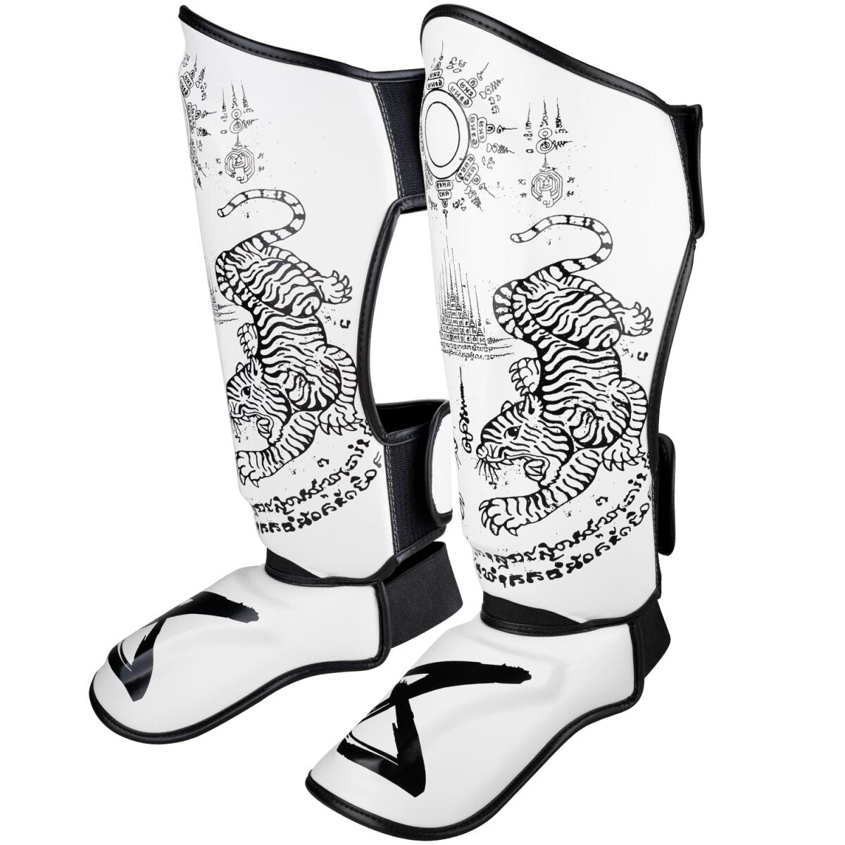 8 WEAPONS Shin Guards, Sak Yant Tigers, white-black