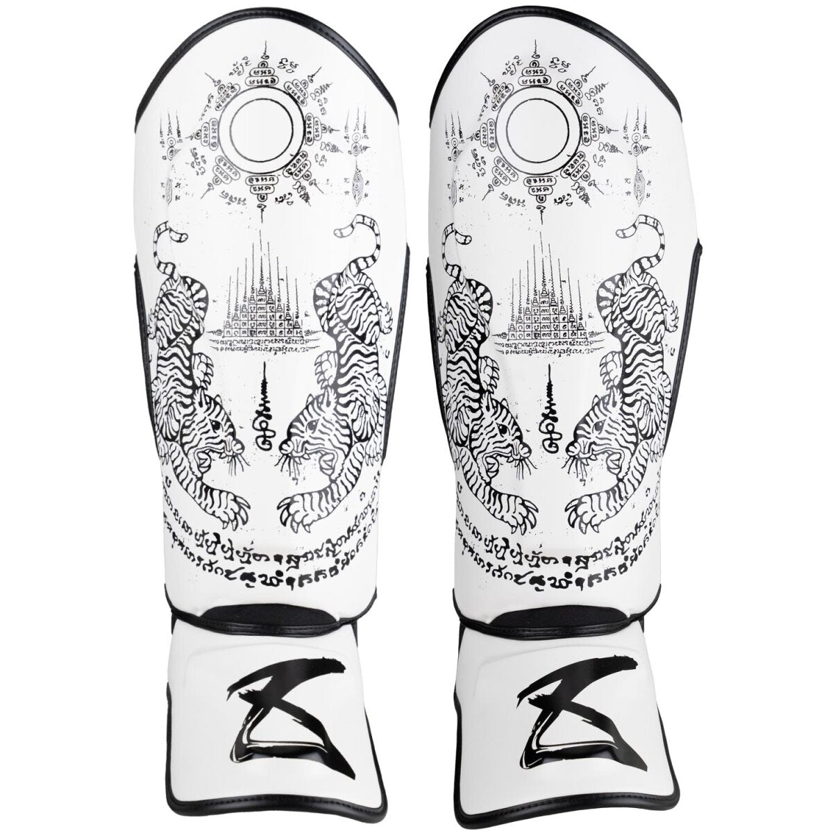 8 WEAPONS Shin Guards, Sak Yant Tigers, white-black