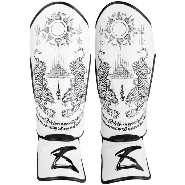 8 WEAPONS Shin Guards, Sak Yant Tigers, white-black