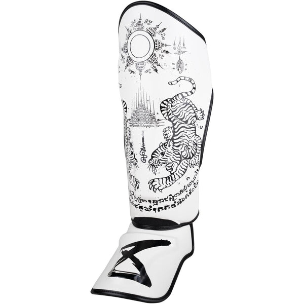 8 WEAPONS Shin Guards, Sak Yant Tigers, white-black