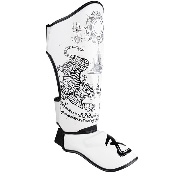 8 WEAPONS Shin Guards, Sak Yant Tigers, white-black