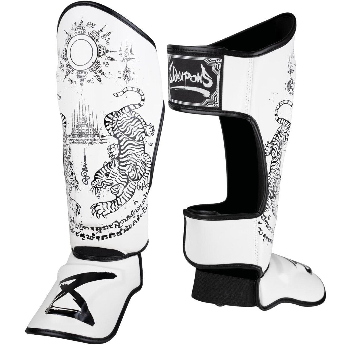 8 WEAPONS Shin Guards, Sak Yant Tigers, white-black