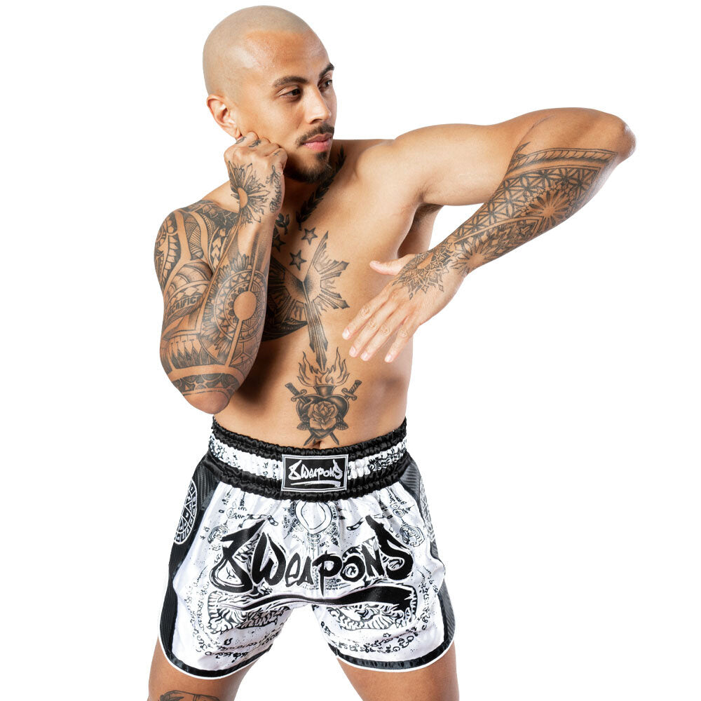 8 WEAPONS Shorts, Carbon, Sak Yant Tigers, white