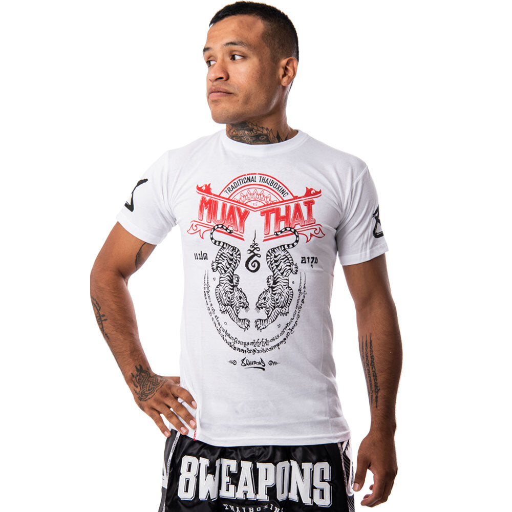 8 WEAPONS T-Shirt, Sak Yant Tigers, white